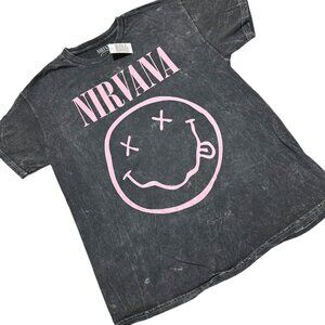 Nirvana Women Size L Black Wash Pink Happy Face Graphic Print Tee T-Shirt NWT